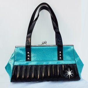 LUX DE VILLE “Starlite” Blue Sparkle & Black Vinyl Kiss Lock Purse